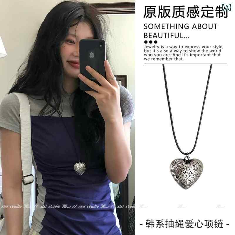 ネックレス レディース ジュエリー 韓国 レトロ シルバーハート ペンダント 文学的な ロング ネックレ..