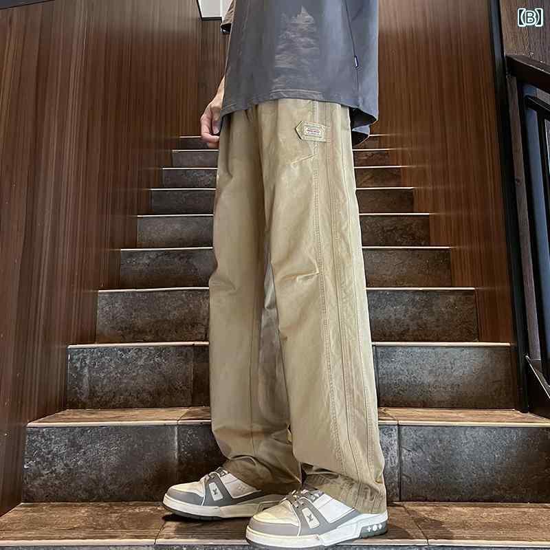 ワークパンツ 男性用 春秋 黒の ストレート カジュアル パンツ メンズ 綿 ゆったり ドレープ ワイド レッグ ワークパンツ