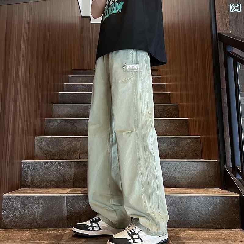 ワークパンツ 男性用 春秋 黒の ストレート カジュアル パンツ メンズ 綿 ゆったり ドレープ ワイド レッグ ワークパンツ