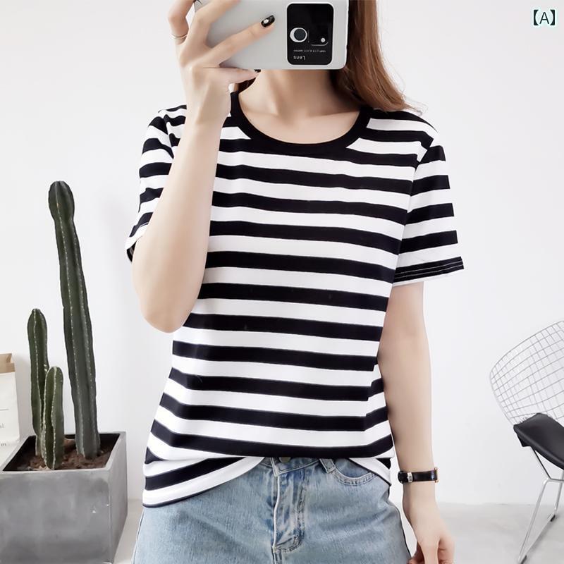 ボーダー ストライプ Tシャツ レディース ストライプ Tシャツ ストレート ショルダー 半袖 2025 レディース コットン ゆったり 大きいサイズ 夏 トップス ユニークな