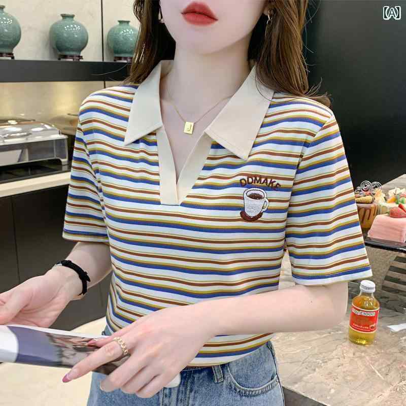 ボーダー ストライプ Tシャツ レディース 刺繍入り ストライプ ポロ カラー 半袖 Tシャツ 女性用 夏 2025新 スタイル な スリム レディース スモール シャツ トップ