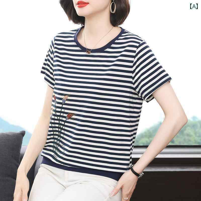 ボーダー ストライプ Tシャツ レディース 綿 半袖 Tシャツ レディース 2025 夏 中年 母 大きいサイズ ストライプ 年齢を 減らす トップス