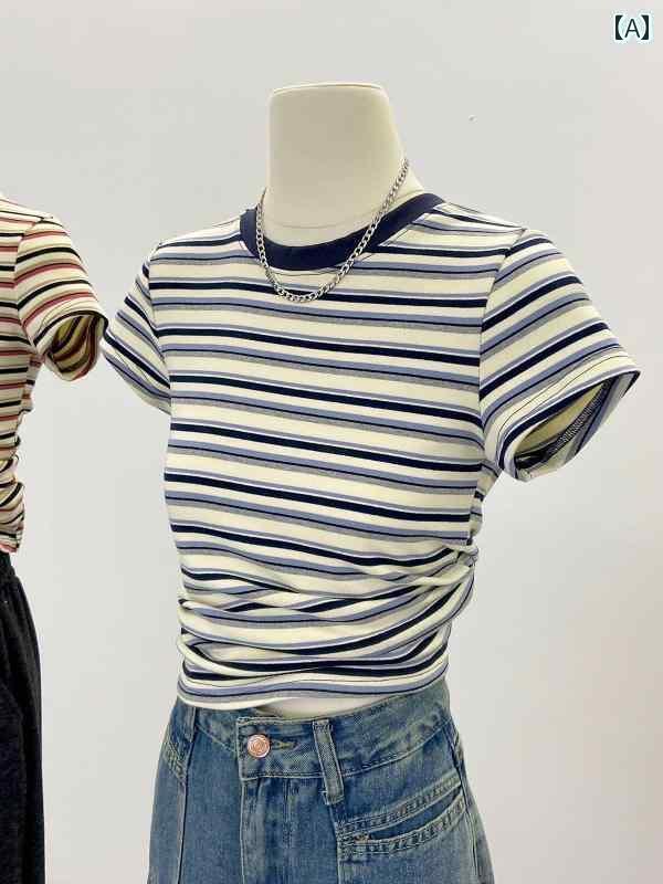 ボーダー ストライプ Tシャツ レディース 女性用 アメリカン ストライプ Tシャツ 年齢を 感じさせにくい ストレート ショルダー 綿 半袖 2025夏 スリムフィット ホット ガール ボトムトップ