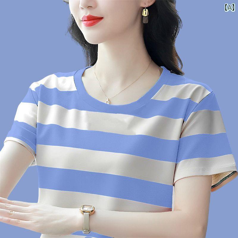 Three-Quarter - ボーダー ストライプ Tシャツ レディース レディース 半袖 Tシャツ 2025夏 綿 ゆったり 大きめ サイズ 服 太め mm おしゃれ ストライプ ラウンドネック トップス
