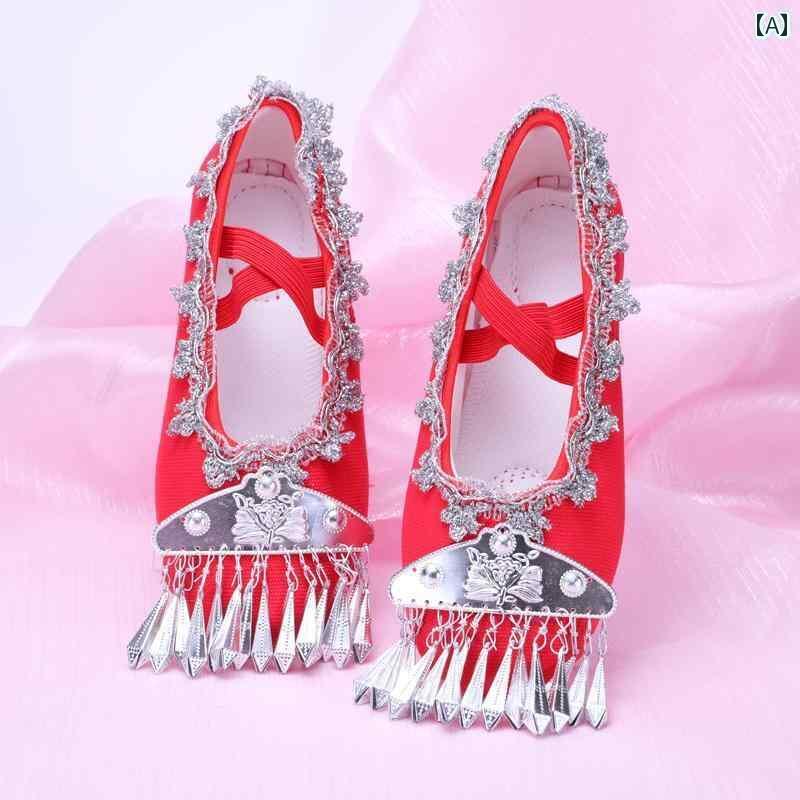 ダンスシューズ 子供用 バレエ ミャオ 族の ダンス シューズ 刺繍入りの 子供用 オペラ 花 丹 ダイ 族と イー 赤い ソフト ソールの レトロ