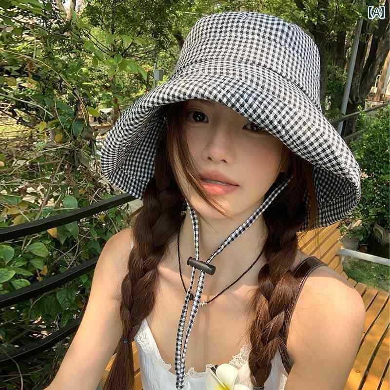 ハット 日焼け防止 サンハット 韓国 千鳥格子 柄 日焼け防止 フィッシャーマン ハット 女性用 夏用 薄..