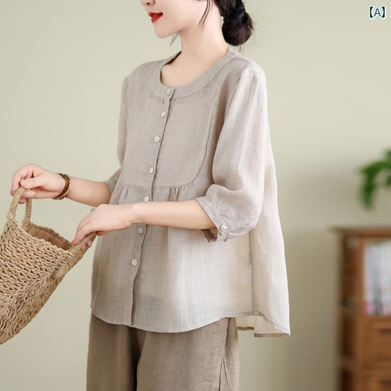 ゆったり ルームウェア レディース 高級 コットンリネンの 七分袖 ツーピース スーツ 2025夏の レディ..