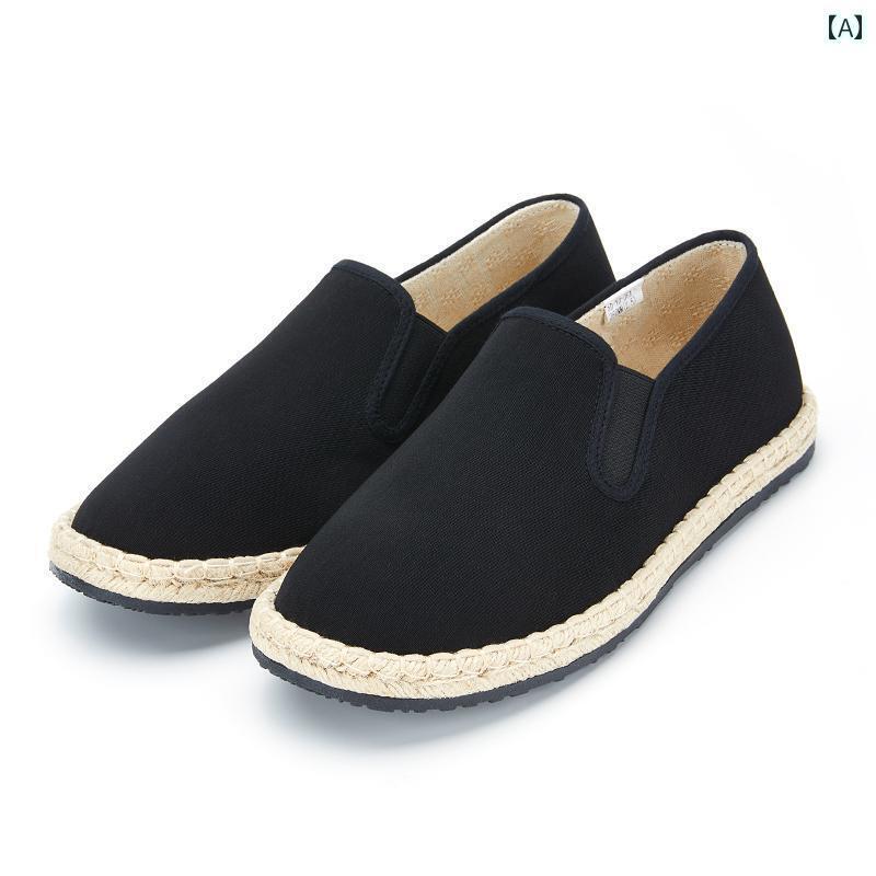 デッキシューズ メンズ シンプル Tongshenghe 2025 春 レトロ コットンリネン 牛革 底 通気性 布 靴 メンズ カジュアル スリッポン