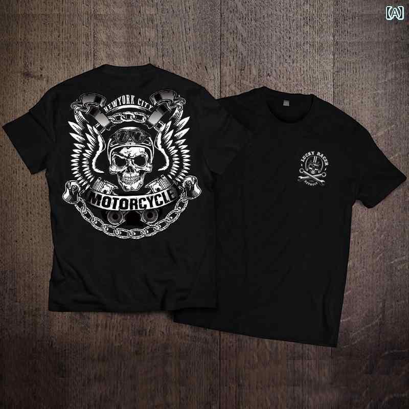 スカル Tシャツ 骸骨 アミ カーキ スカル モーター サイクル プリント 半袖 Tシャツ メンズ ヘビー ラウンドネック コットン ブラック