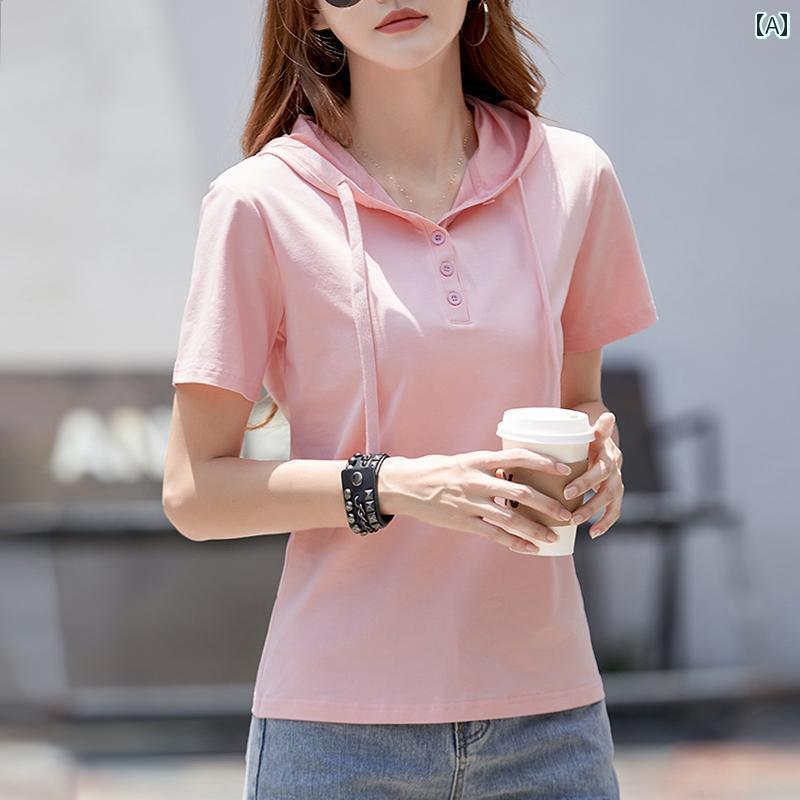 レディースパーカー 薄手 涼しい コットン 半袖 Tシャツ レディース 2024 スリム フード付き スウェッ..