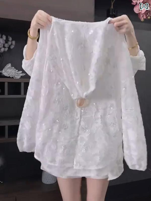 快適 涼しい パーカー で スタイリッシュな 女性用 ホワイト フード付き トップス 2025夏の新 スタイル 通気性と 快適性を 備えた ゆったり ドローストリングの 薄手 日焼け防止 シャツ