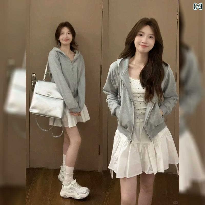 快適 涼しい パーカー グレーの ショート セーター ジャケット 女性用 春秋 2024年 初秋 小さい サイズ..