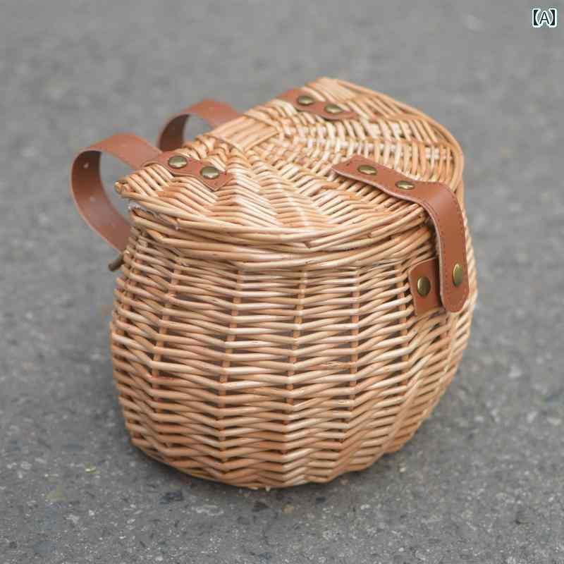 自転車 かご サイクリング ラタン ウィッカー製 レトロ 子供用 自転車 バスケット 車用 収納 蓋 付き 野菜 ハンドル バー フロント(4)