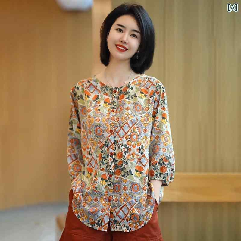 楽天北摂軽太郎便レディース 花柄シャツ かわいい レトロ 雰囲気の 桑 絹 シャツ レディース 2025夏 ゆったり 肉 痩せ 加齢 プリント小 トップス