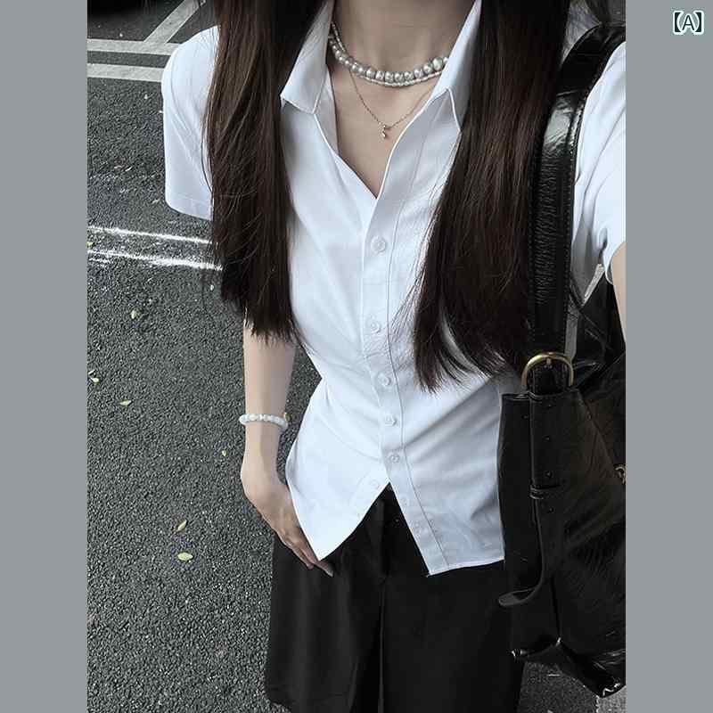 レディース 半袖シャツ かわいい ホワイト 半袖 シャツ レディース トップ 夏 2025 ホット スタイル フレンチ ウエスト(4)