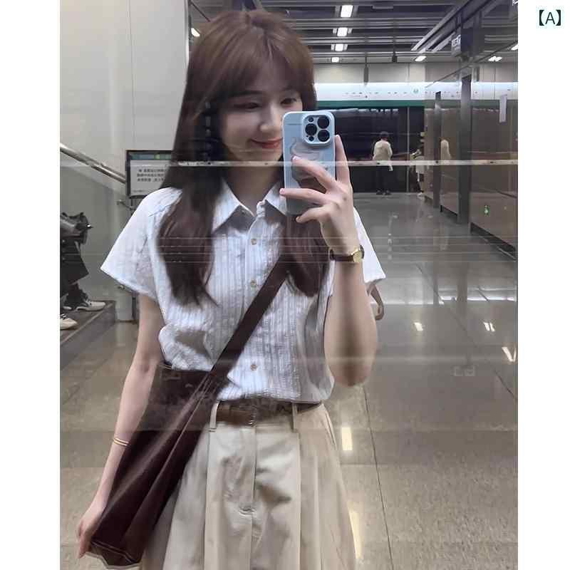 レディース 半袖 きれい フランスの 高級 ブルー ストライプシャツ 女性用 夏 な レトロ ポロシャツ 半..