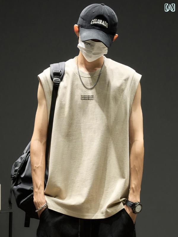 タンクトップ メンズ シンプル アメリカン ベスト メンズ シンプル プリント カジュアル スポーツ ウエスト コート ゆったり レトロ 夏 コットン ノースリ...