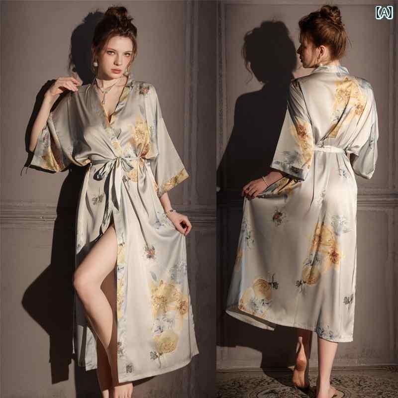 ガウン 快適 着心地 女性用 ナイトガウン 春夏 冷感 薄手 ロングスリーブ 魅惑的 風 ミディアム ロング 高級 パジャマ ネクタイ 付き ホームウェア