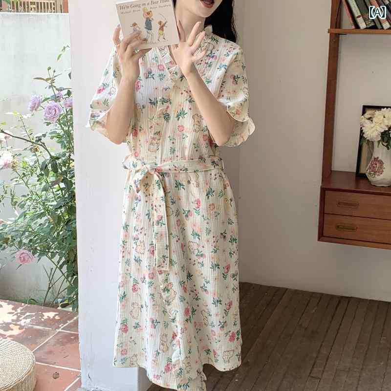 ガウン 快適 着心地 ナイトガウン 夏 レディース 2025 綿 ガーゼ バスローブ 半袖 ロング かわいい 薄..