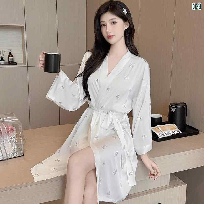 ガウン 快適 着心地 冷感 ナイトガウン レディース 夏用 レースアップ バスローブ 高級 フル プリント バタフライ パジャマ ホームウェア ナイトドレス