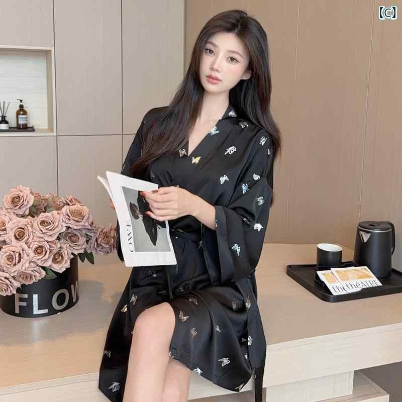 ガウン 快適 着心地 冷感 ナイトガウン レディース 夏用 レースアップ バスローブ 高級 フル プリント バタフライ パジャマ ホームウェア ナイトドレス