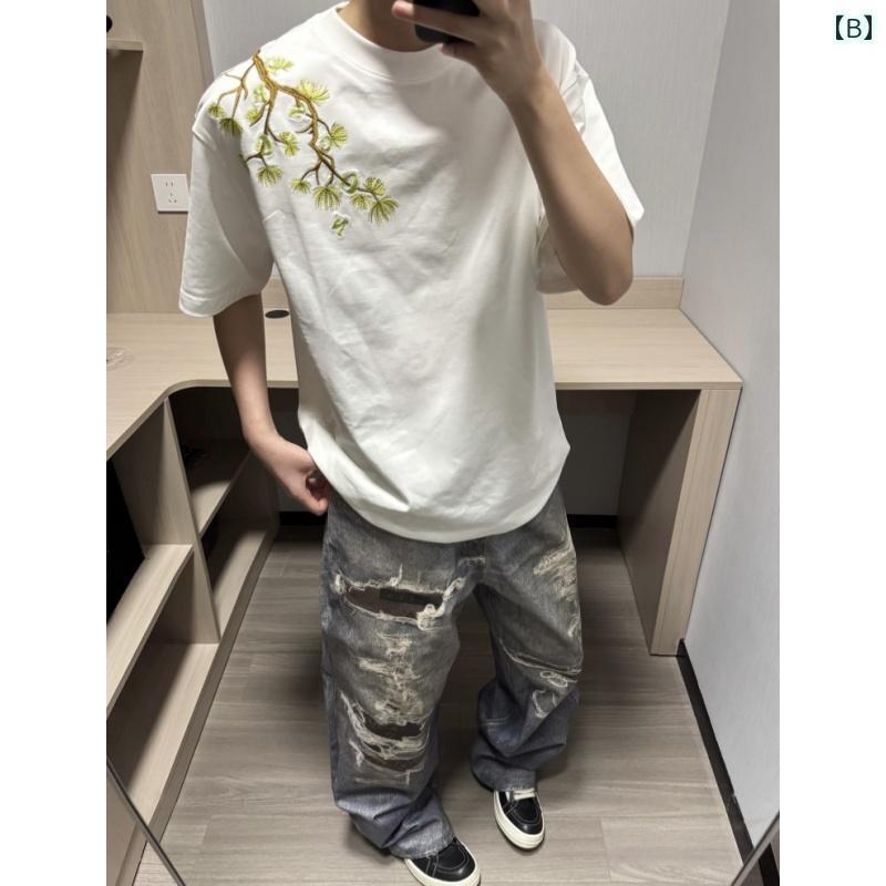 ワンポイント Tシャツ おしゃれ 260 g 厚手 コットン 半袖 ユニセックス 2025夏 ゆったり アメリカン ストリート 文字 刺繍 Tシャツ