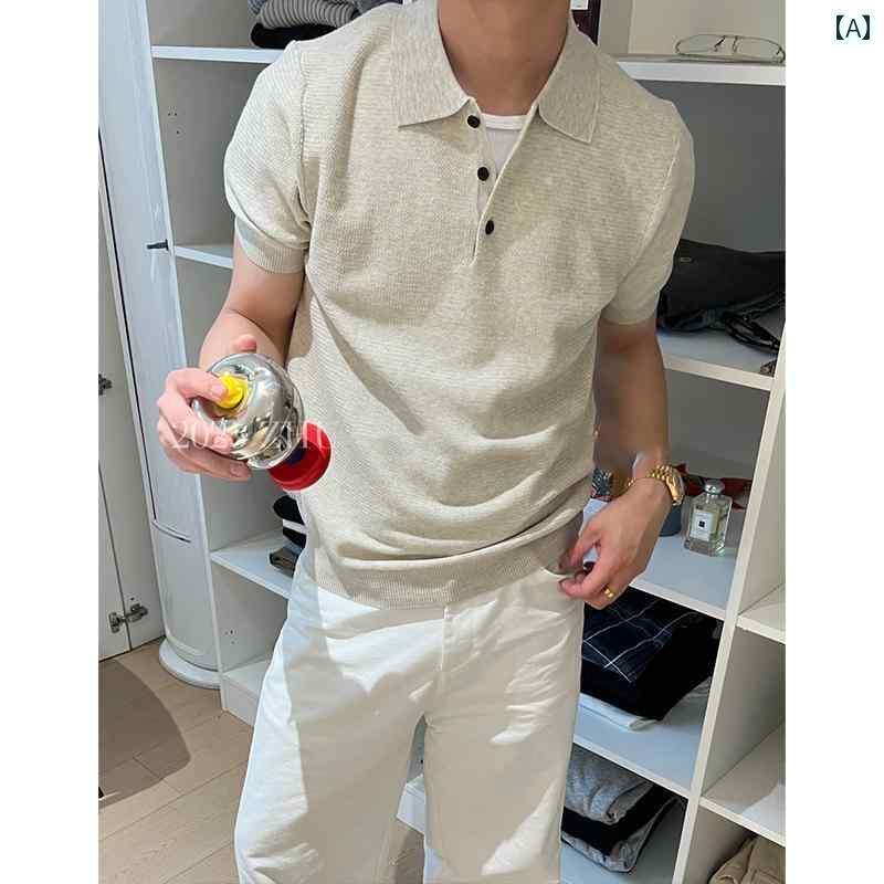 サマーニット 半袖ニット シンプル アプリコット 色の ニット 半袖 メンズ ポロシャツ。 夏に ぴったり。 落ち着いた 大人 メンズウェア。 オールド マネー カフス Tシャツ。