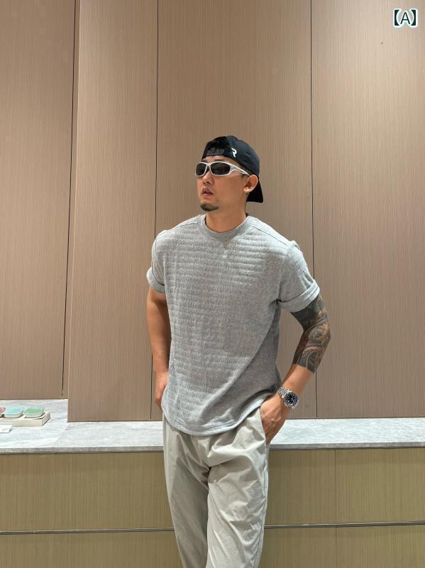 サマーニット 半袖ニット シンプル 尊敬 オールド マネー スタイル アメリカン ニット テクスチャ ボトム Tシャツ シンプル 上級 ベーシック 通勤 半袖 メンズ(4)