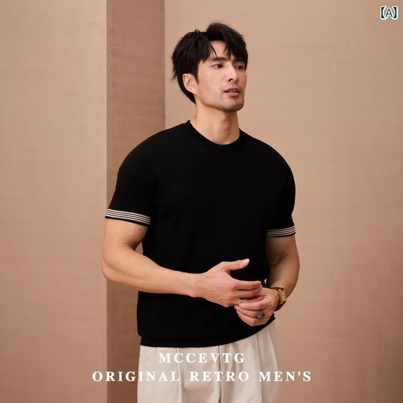 サマーニット 半袖ニット シンプル MCCEVTG イタリア ファッション 高級 16 針 ブラック ニット ラウンドネック 半袖 無地 カジュアル ボトムス メンズ 春夏