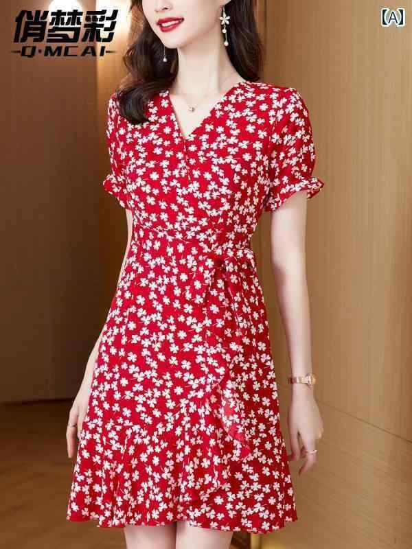 花柄ワンピース 綺麗 ワンホン 女性用 レッド フローラル プチ シフォン ドレス 2025夏 ウエスト スリミング Vネック ハイウエスト aライン スカート