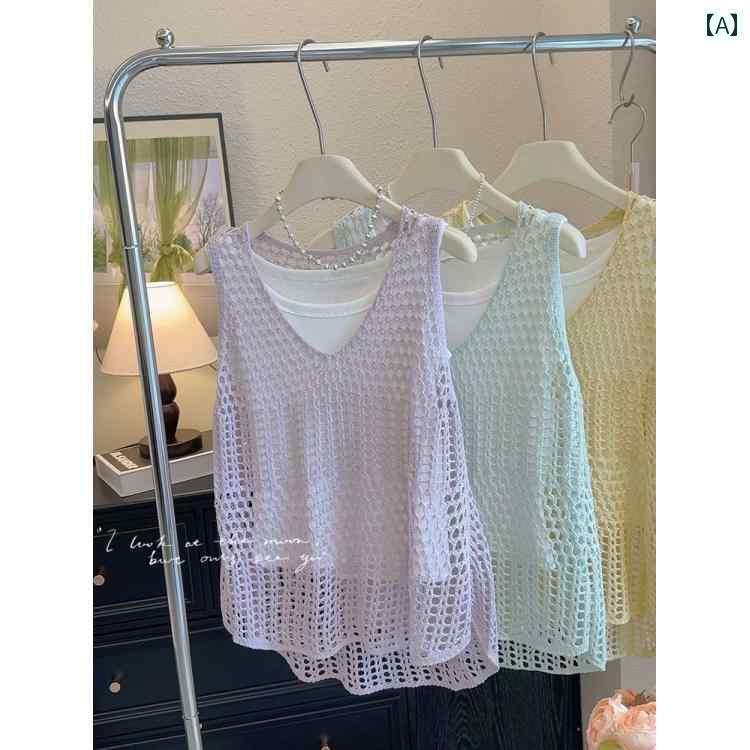 ノースリーブ ニット 女性用 ツーピース セット 重ね 着 クロシェ ニット ベスト キャミソール 夏 ノー..
