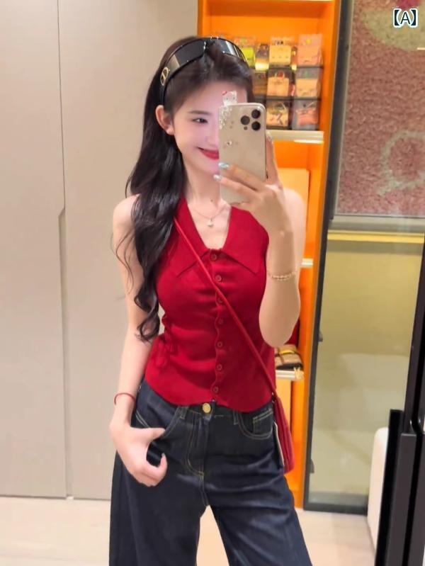 快適 ノースリーブ ニット フレンチ ポロ カラーの 赤い 冷感 ニット ベスト 女性用 夏用 スリム ノー..