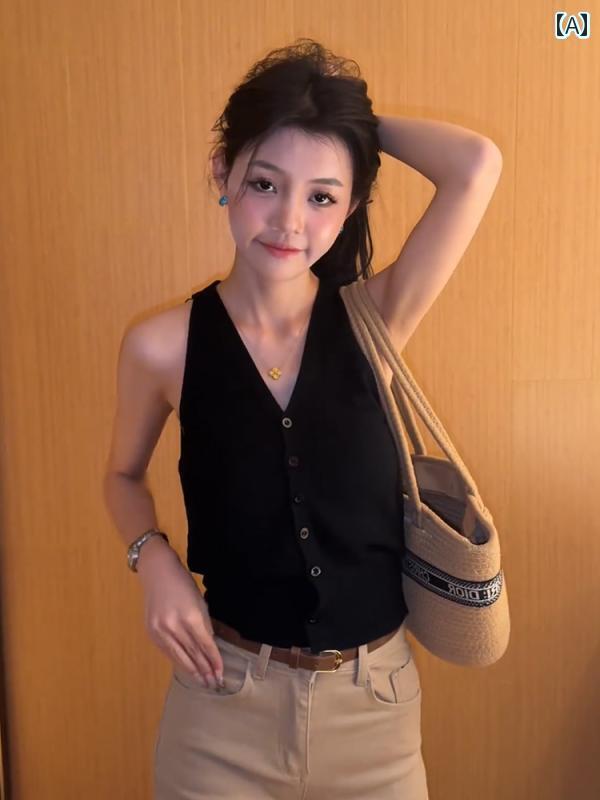 快適 ノースリーブ ニット 韓国 Vネック ブラック 冷感の ノースリーブニット ベスト。 夏に 女性用。 ..