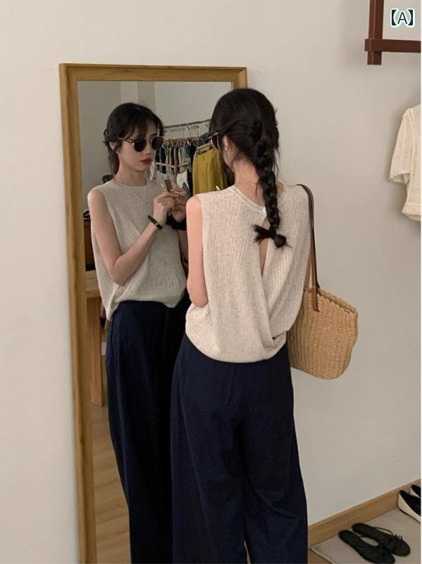 快適 ノースリーブ ニット アプリコットの 冷感 ニット ベスト レディース 夏用 薄手 バック クロス ノ..