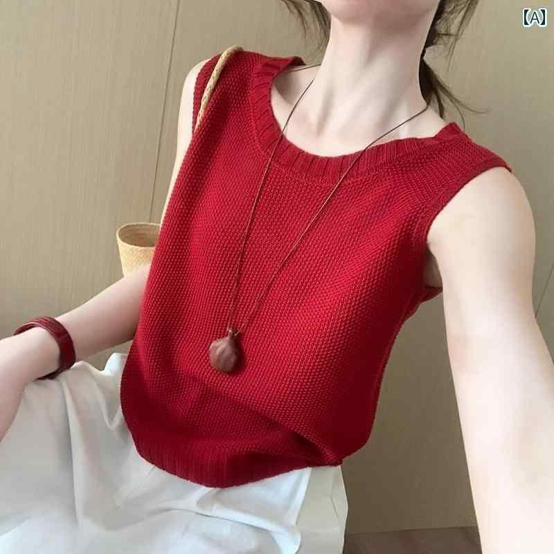 快適 ノースリーブ ニット 韓国 赤い 氷の シルクニット ワッフル ベスト 女性 2025 夏 スリム ノース..