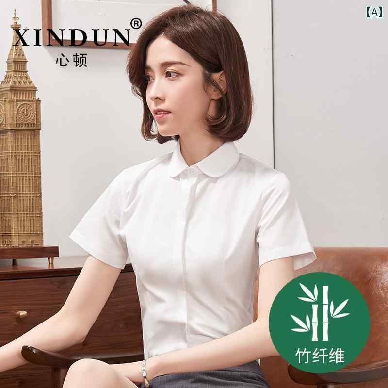 レディース ワーク ウェア 夏 竹 繊維 白 シャツ レディース 半袖 ビジネスウェア OL 弾性 フォーマルウェア ビジネス 作業着 ラウンド..