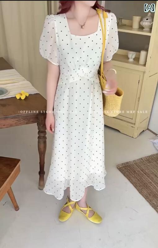 ドット 水玉 ワンピース 2025夏の な スクエアネック ドットの パフスリーブ ウエスト スリム ドレス レディースの ミドル 丈(4)