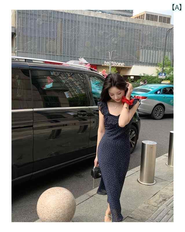 ドット 水玉 ワンピース ライチは もの フレンチ ドット 柄 ドレス スリム ウエスト ハイエンドミドル ..