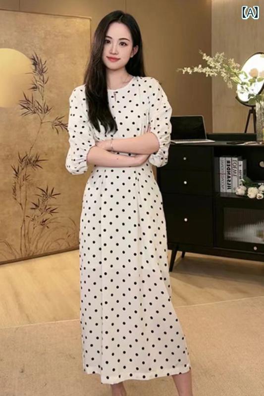 ドット 水玉 ワンピース 夏の フレンチ ホワイト パールドット 柄 カジュアル スリム ホワイトドット ..