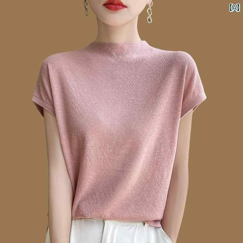 シンプル 半袖 ニット レディース 恒 元 祥 桑 絹 半袖 Tシャツ レディース 夏 無地 万能 冷感 ニット ..