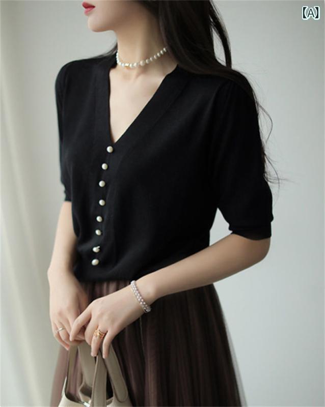 シンプル 半袖 ニット レディース ホワイト カラーの 兄弟 兄弟の 2025 夏の レジャー 冷感 半袖 ニッ..