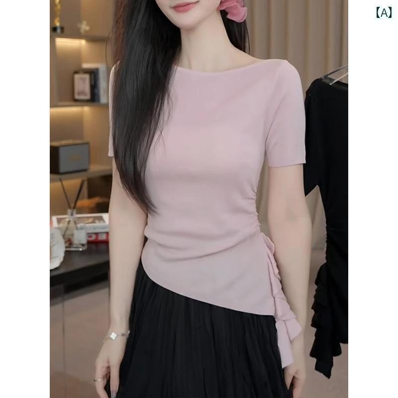 シンプル 半袖 ニット レディース ワンショルダー カラー 蓮の葉の 風鈴の 縁 しわの ある の 半袖 ニ..