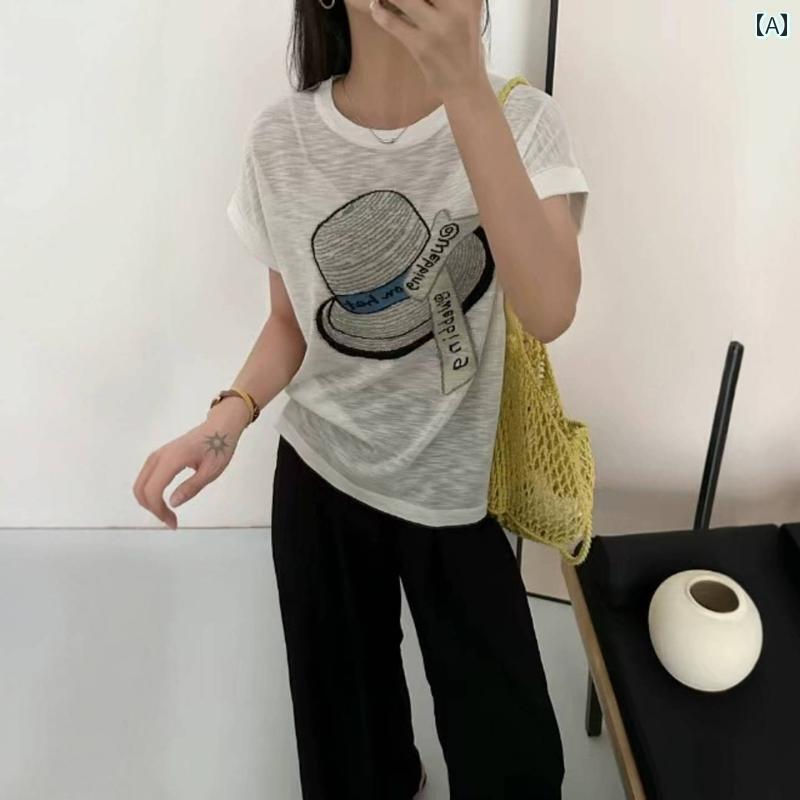 シンプル 半袖 ニット レディース 夏の 薄手 白 2025 美しい 半袖 Tシャツ レディース ホット ニット 冷感 トップ