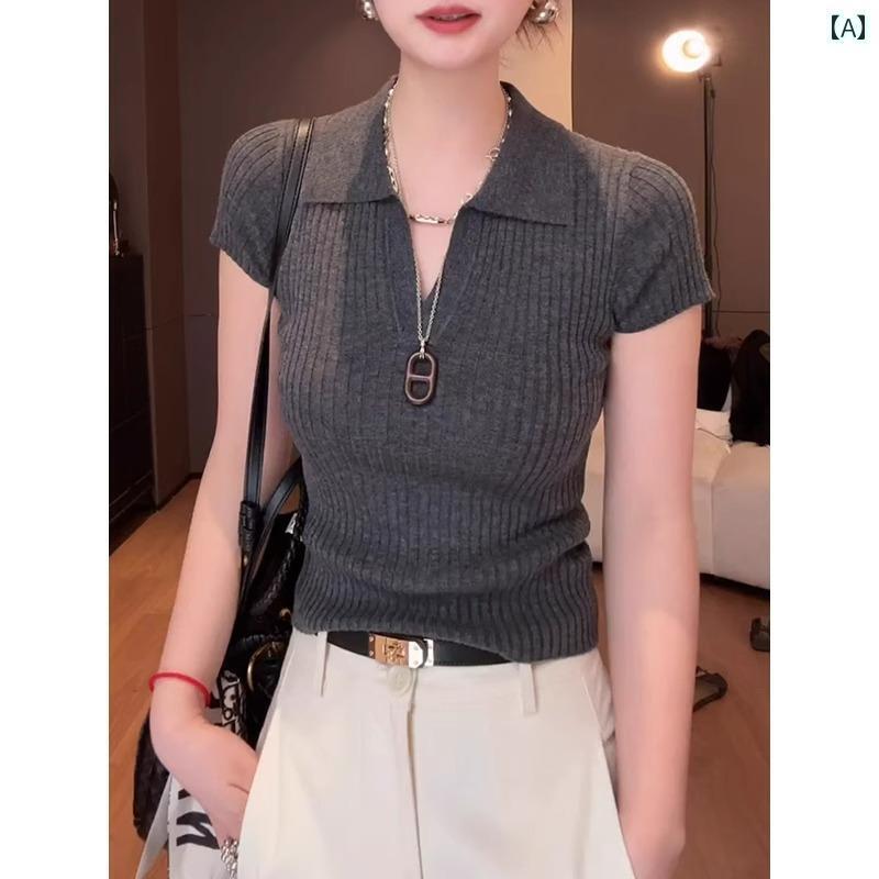 シンプル 半袖 ニット レディース グレーの セーター リブ ストライプ レディース 半袖 Tシャツ 2025夏..
