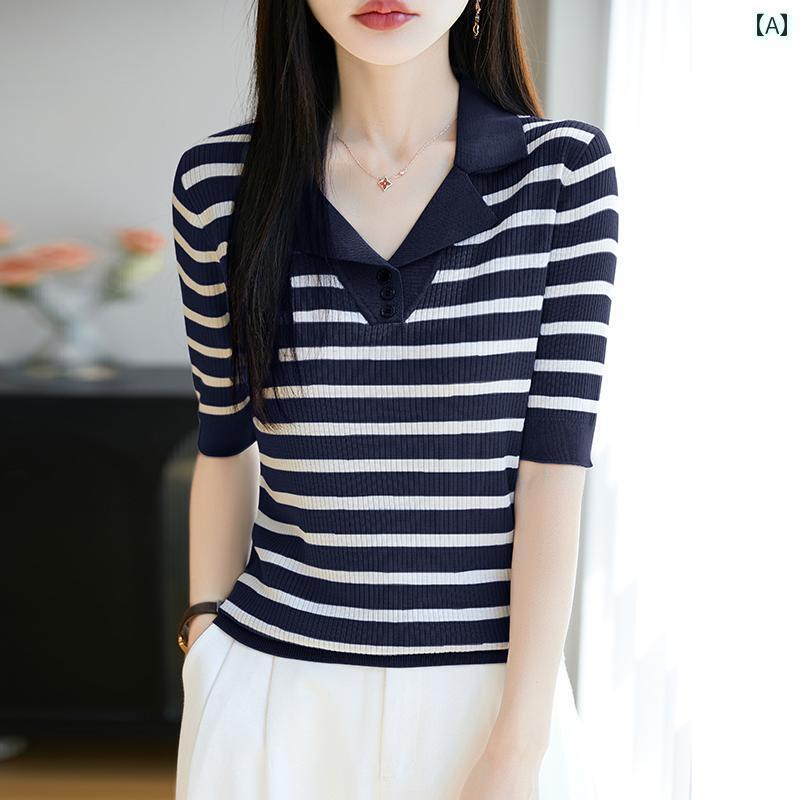 トップス 半袖 ニット の ストライプニット セーター ポロ カラー 半袖 Tシャツ レディース 2025夏 ス..