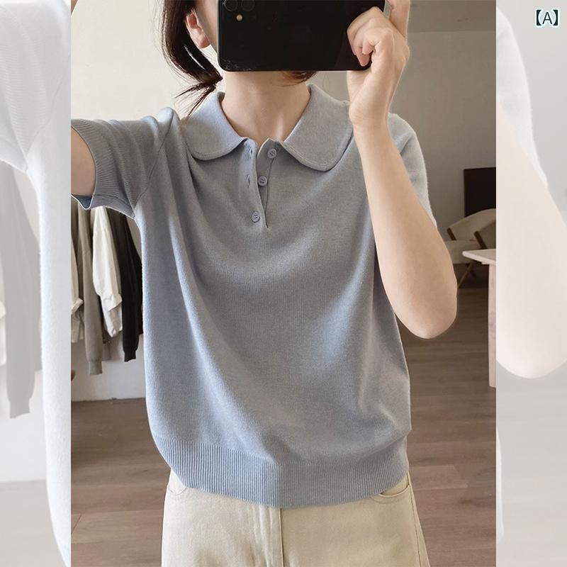 トップス 半袖 ニット 優しい ブルーの ポロ カラー ストレート ショルダー 半袖 Tシャツ レディース ..