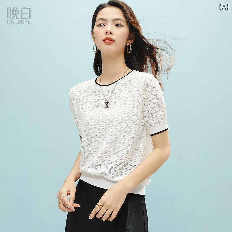 トップス 半袖 ニット 2025夏の ホワイト ニット トップス シンプル カジュアル スリム ラウンドネック..