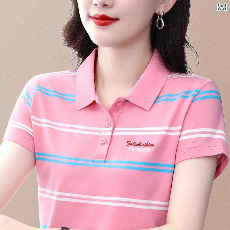 トップス 半袖 ニット ストライプ 半袖 Tシャツ レディース 綿 2025 夏 中年 母親 襟 付き トップス ポ..