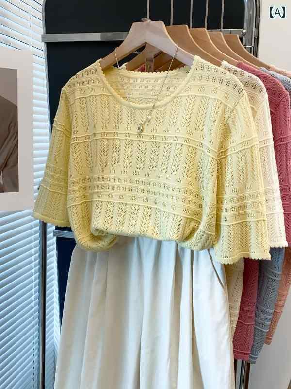 トップス 半袖 ニット 女性用 ラウンドネック ニット セーター 2025夏の ゆったり スタイル アウターウ..