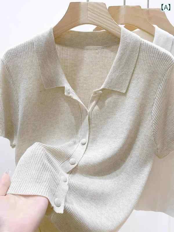 トップス 半袖 ニット グリーン ポロ カラー 冷感 ニット 半袖 Tシャツ 女性 2025 夏 ゆったり ベーシ..